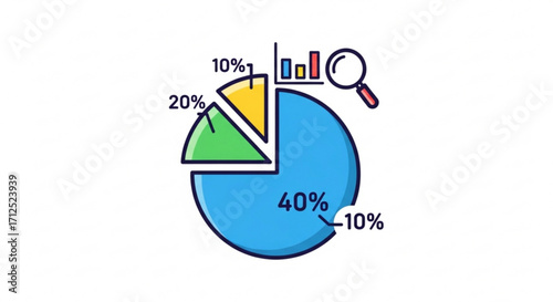 Pie chart analysis with magnifying glass, showcasing data, statistics, and market research in a colorful illustration