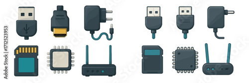 Essential electronic devices, computer accessories, and network hardware components for modern digital connectivity