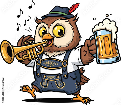 Cartoon owl in Bavarian costume playing trumpet with beer mug, Oktoberfest celebration, festive cheerful pose, traditional German outfit, musical scene