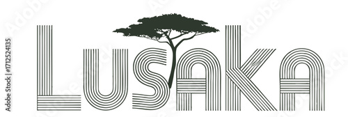 Lusaka Typography Logo with Acacia Tree Silhouette, Modern Minimalist African City Text Graphic on Transparent Background