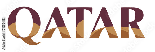 QATAR Text Logo with Abstract Desert Sand Dune Pattern, Burgundy and Brown Colors, Modern Vector Typography on Transparent Background