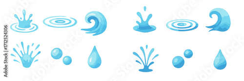 Set of blue water elements including splashes, ripples, waves, drops, and bubbles in a clean style