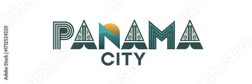 Panama City Modern Vector Logo with Abstract Geometric Letters, Sun and Waves, Transparent Background for Travel Branding