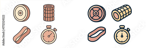 Collection of various fitness equipment including weight plates, resistance bands, foam rollers, and stopwatches for gym and workout activities