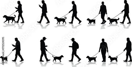 Black silhouette vector illustration of people walking dogs in various poses, showcasing pet ownership, daily routine, leisure activity, and urban lifestyle scenes