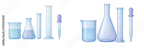 Essential scientific laboratory glassware collection with colorful liquids for experiments and chemical analysis