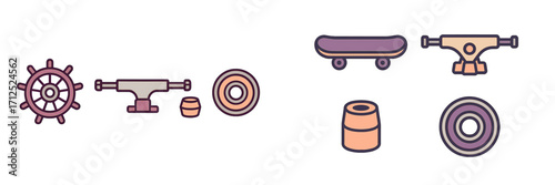 Detailed collection of skateboard components including deck, trucks, wheels, and bearings, alongside a classic ship's helm