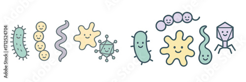 Collection of cute cartoon microorganisms with smiling faces including bacteria, viruses, and amoebas