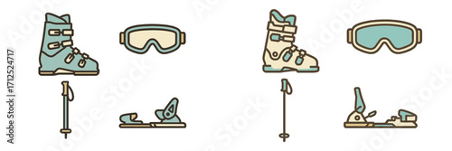 Winter sports equipment set including ski boots, snowboard boots, goggles, poles, and bindings for cold weather activities