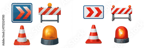 Collection of road construction and traffic safety elements including warning signs, barriers, cones, and flashing lights