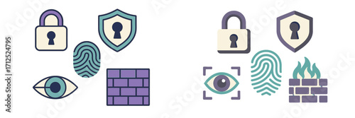 Collection of digital security and data protection icons including padlock, shield, fingerprint, eye, and firewall