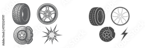 Comprehensive automotive parts collection featuring tires, alloy wheels, brake discs, and dynamic graphic elements