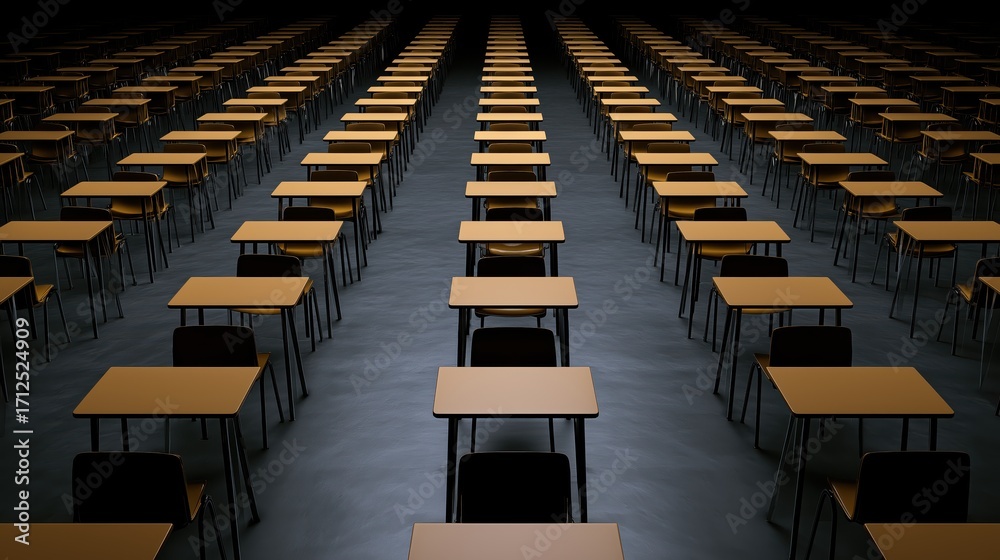 Obraz premium Large empty classroom with rows of desks and chairs in dark moody lighting wide angle view.