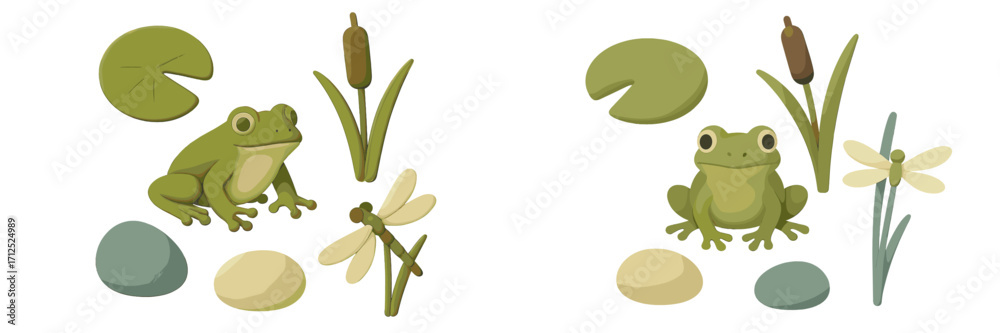 Naklejka premium Cute green frog, lily pad, cattail plant, dragonfly insect, and pond elements on white background for nature