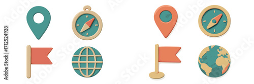 Playful clay style map pins, compasses, flags, and globes for travel, navigation, and location concepts, ideal for digital projects