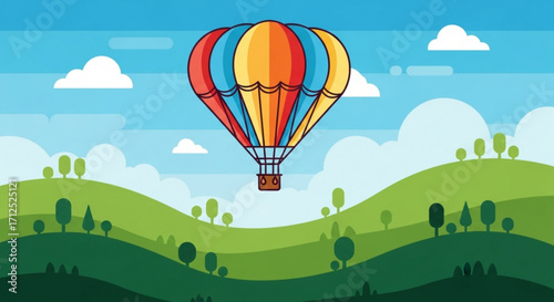 Hot air balloon flying over green hills against a blue sky represents adventure, travel, freedom, and exploration in a colorful vector illustration