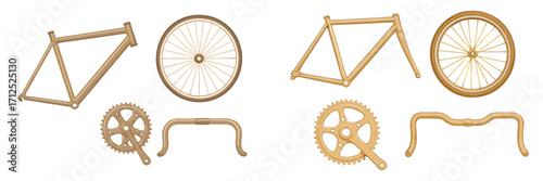 Assortment of bicycle components featuring two distinct frames, wheels, cranksets, and handlebars for custom bike building