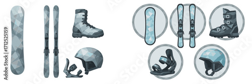 Collection of winter sports equipment including snowboard, skis, boot, helmet, and binding with geometric pattern
