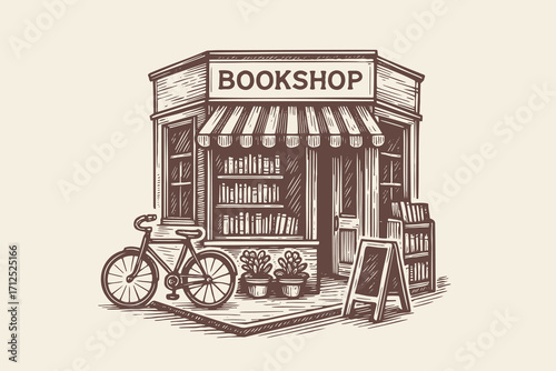Bookshop storefront vintage sketch vector illustration