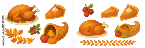 Thanksgiving feast elements with roasted turkey, pumpkin pie, cornucopia, autumn leaves, and cranberries