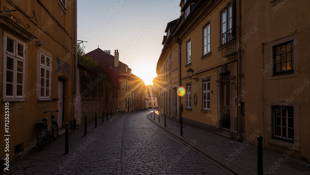 Obraz premium Charming Cobblestone Street with Sunset Glow in Background