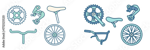 Detailed collection of essential bicycle components and accessories, including gears, wheels, handlebars, and seats, for cycling enthusiasts and repair projects