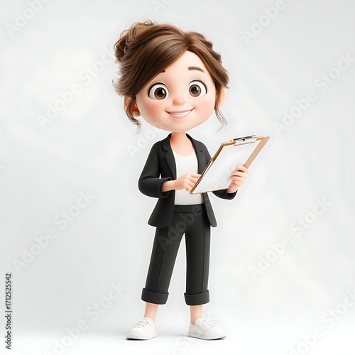 Business Cartoon Character: A confident cartoon businesswoman holding a clipboard, she's ready for success with a cheerful attitude and professional attire.