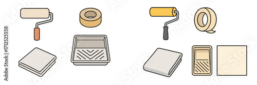 Home renovation and painting tools including rollers, masking tape, paint trays, and drop cloths for DIY projects