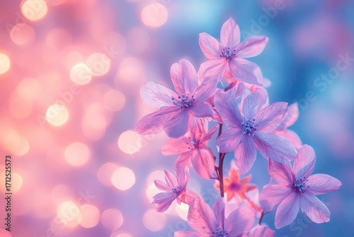 Soft pink flowers delicately framed against a dreamy backdrop of bokeh lights and gentle hues.