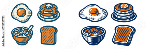Classic breakfast food icons featuring fried eggs, pancakes, cereal, and toast in a charming vintage style