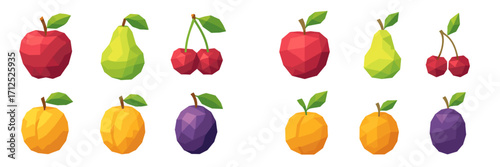 Collection of colorful low poly geometric fruits including apples, pears, cherries, apricots, and plums on white background