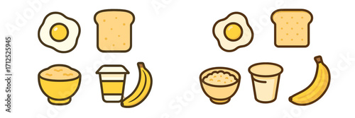 A diverse collection of popular breakfast items, featuring perfectly fried eggs, crispy toast, wholesome cereal, aromatic coffee, and fresh, ripe bananas, ideal for a healthy start to the