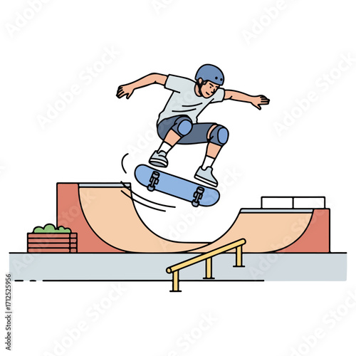 Skateboarder performing an aerial trick at the skatepark.