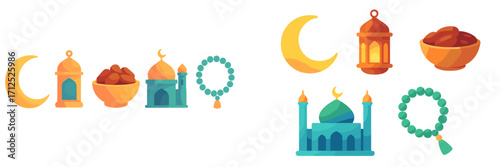 Various Islamic cultural symbols and traditional objects representing Ramadan, Eid al-Fitr, and other Muslim religious observances