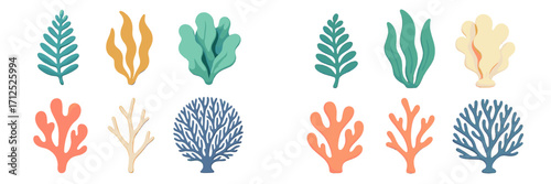 Vibrant collection of diverse marine flora and coral reef formations for ocean themed designs and aquatic environment concepts