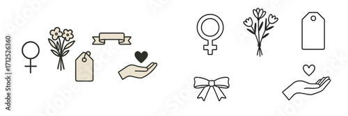 Elegant line art icons featuring feminine symbols, delicate flowers, decorative ribbons, gift tags, and a caring hand with heart