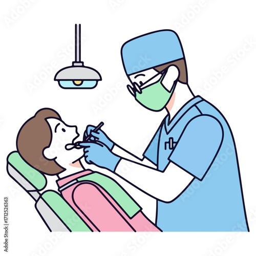 Dentist examining patients teeth with dental tools in clinic.