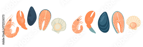 Delicious fresh seafood assortment with shrimp, mussels, salmon steaks, and scallops on white background