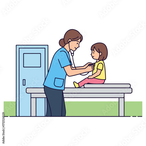 Doctor examining a child with stethoscope in medical office.