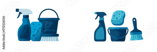 Household cleaning tools and equipment set: spray bottle, bucket, sponge, brush for domestic chores