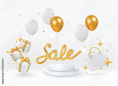 Christmas 3d sale Product podium scene with flying falling white gift box with gold bow. Merry Christmas and New Year sale discount banner design, Vector illustration