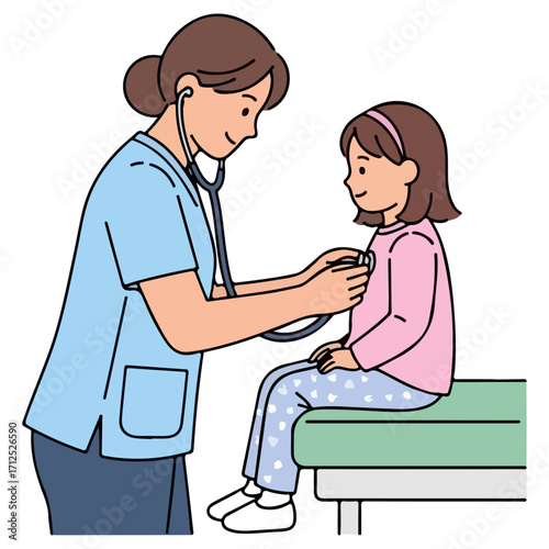 Doctor examining a young girl with a stethoscope during checkup.