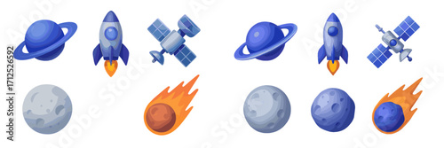 Various cosmic elements featuring planets, rockets, satellites, moons, and meteors in a vibrant style