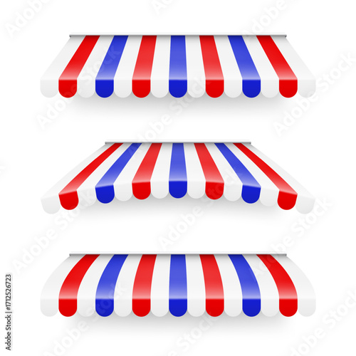 Shop sunshade. Realistic striped cafe awning. Outdoor market tent. Roof canopy in French flag colors. Summer street store. Vector illustration.