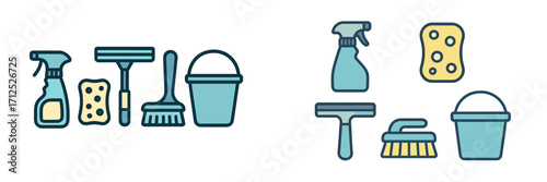 Assortment of essential household cleaning tools and supplies for domestic chores and sanitation tasks