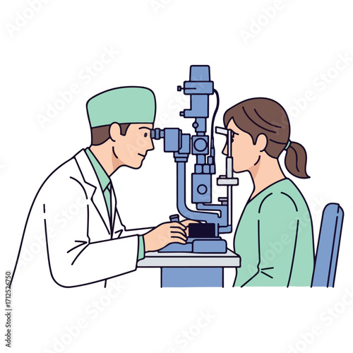 Eye doctor examining patient vision with medical equipment.