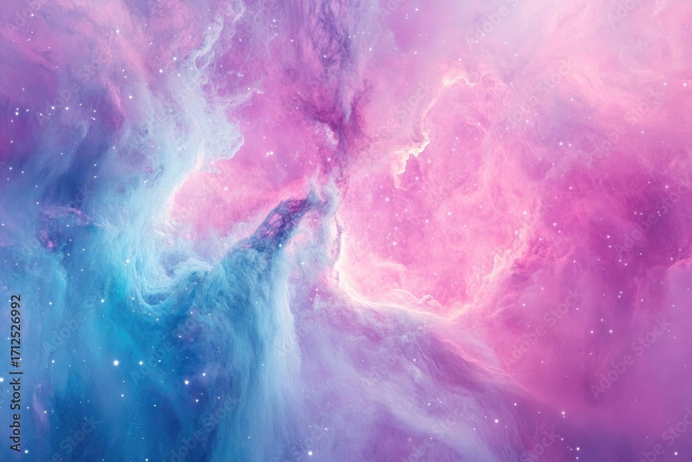 Obraz premium A mesmerizing cosmic artwork displaying a vast nebula with swirling patterns of blue, pink, and purple hues, dotted with distant stars.