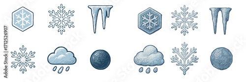 Winter weather elements collection with snowflakes, icicles, and rain clouds for seasonal design projects and climate themes