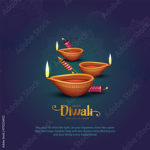 Indian festival of lights Happy Diwali, holiday Background, Diwali celebration greeting card, abstract vector illustration design.