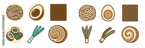 Stylized Asian food ingredients for ramen soup, including noodles, egg, nori, and fresh green onion